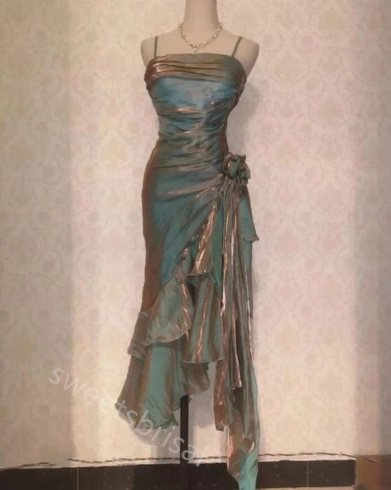 Sparkly Spaghetti Straps Sleeveless Ruffle Sheath Prom Dress,SWS2212