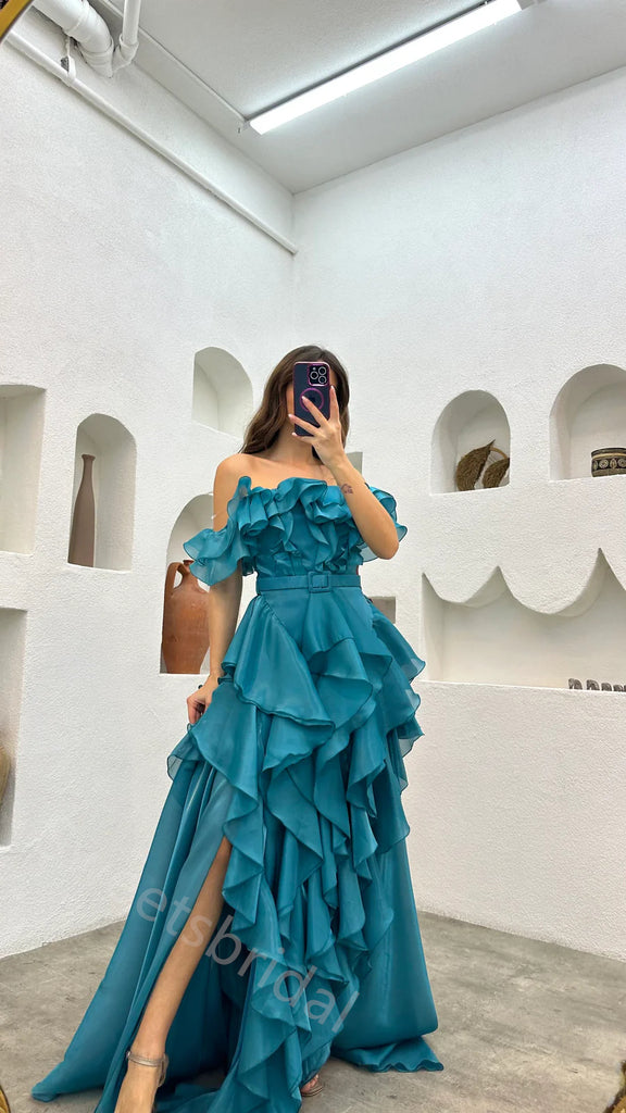 Sexy Off shoulder Sleeveless Ruffle A-line Floor length Prom Dress,SWS2164