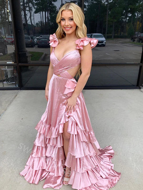 Gummy Pink V-neck Sleeveless Ruffle Side Slit A-line Floor Length Prom Dress,SWS2216