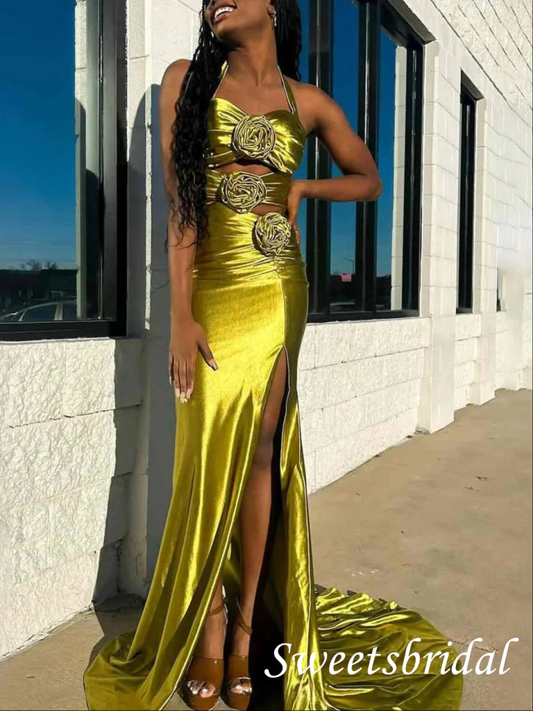Sexy Floral Halter Sleeveless Side Slit Mermaid Floor Length Prom Dress,SWS2542