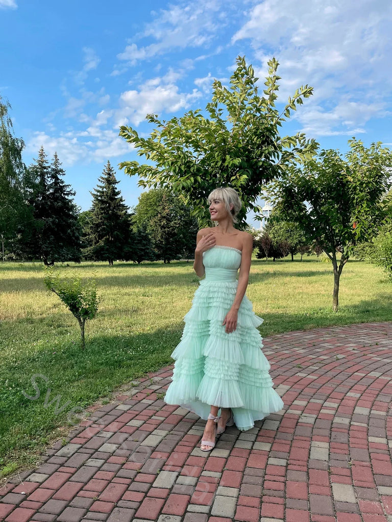 Sexy Strapess Sleeveless Ruffle A-line Floor length Prom Dress,SWS2165
