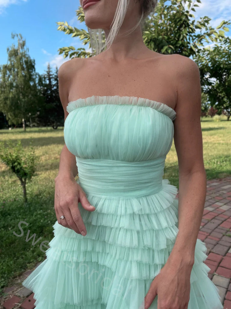 Sexy Strapess Sleeveless Ruffle A-line Floor length Prom Dress,SWS2165