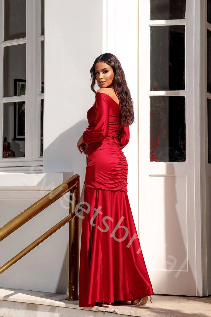Elegant Off shoulder Long sleeves Side slit Sheath Long Prom Dress,SW1992
