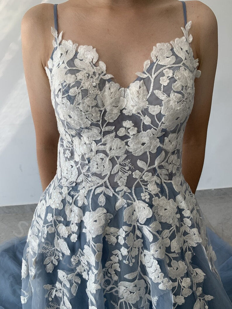 Elegant V-neck Spaghetti Straps A-line Floor length Prom Dress,SWS2163