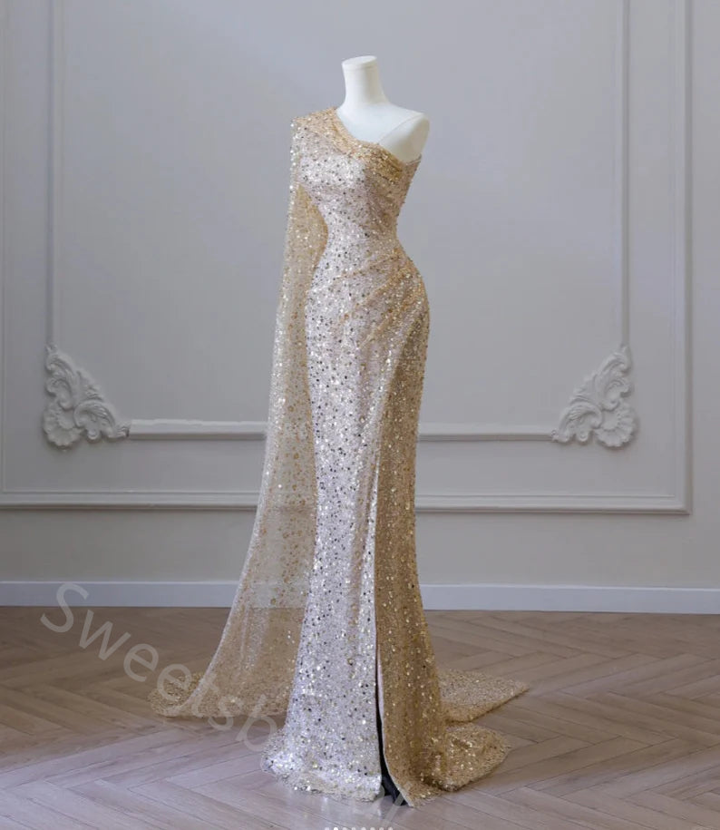 Sexy One Shoulder Sleeveless Side Slit Mermaid  Long Prom Dress,SWS2145
