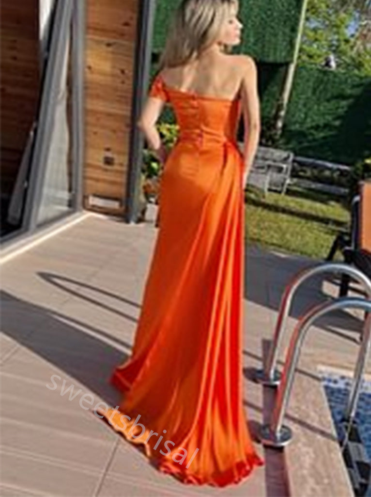 Orange One Shoulder Sleeveless Mermaid Floor Length Prom Dress,SWS2205