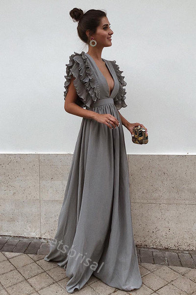 Elegant V-neck Sleeveless A-line Floor Length Prom Dress,SWS2198