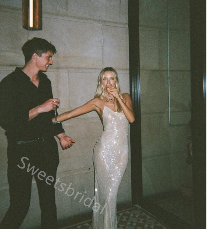 Sparkly Spaghetti Straps Sleeveless Mermaid Floor Length  Prom Dress,SWS2283