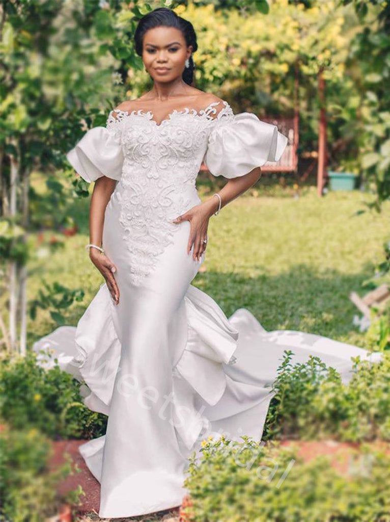 Elegant Off shoulder Sleeveless Mermaid Lace applique Wedding Dresses,DB0339