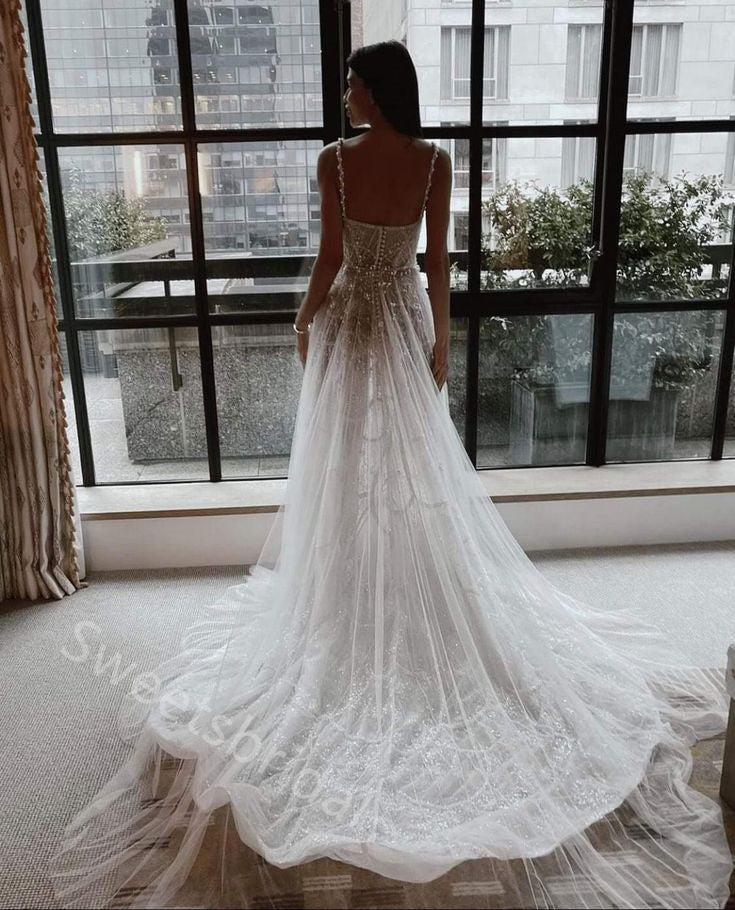 Sparkly Pearl  Square Sleeveless A-line  Wedding Dresses,DB0336