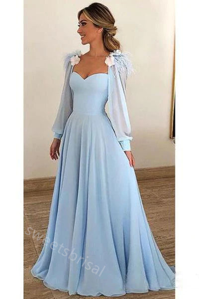 Baby Blue Sweetheart Long Sleeves A-line Floor Length Prom Dress,SWS2202