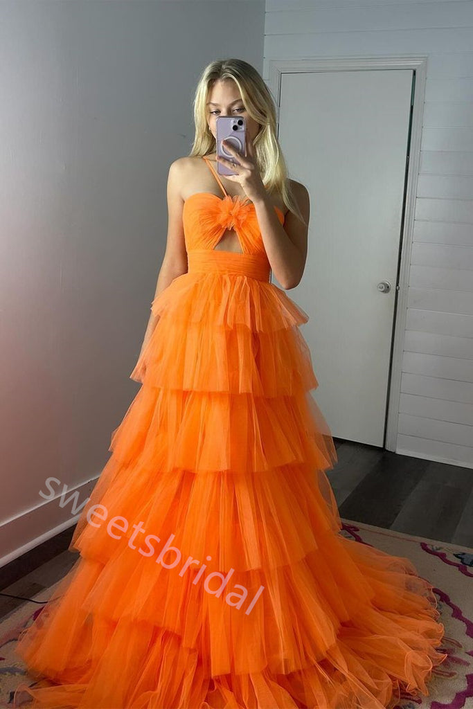 Orange Ruffle Halter Sleeveless A-line Floor Length Prom Dress,SWS2274