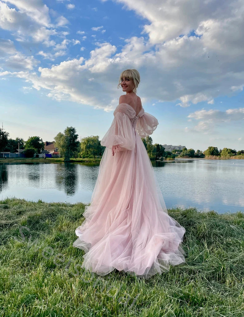 Elegant Off Shoulder Long Sleeves A-line Floor length Prom Dress,SWS2158