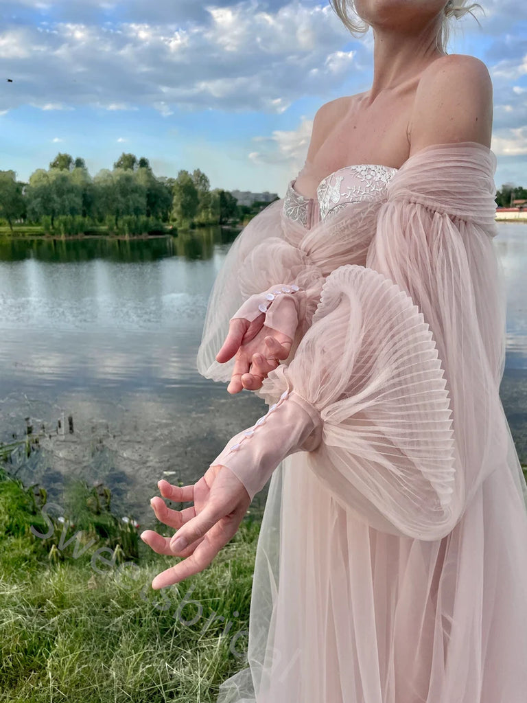 Elegant Off Shoulder Long Sleeves A-line Floor length Prom Dress,SWS2158