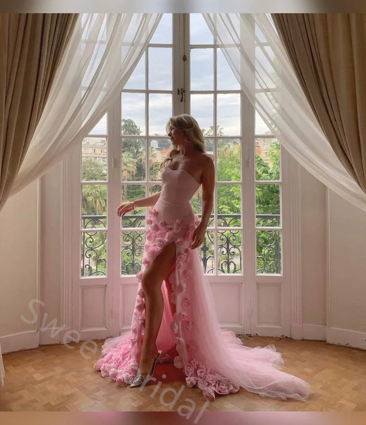 Sexy Sleeveless Rose-Shaped Side Slit Mermaid Floor length Prom Dress,SWS2157