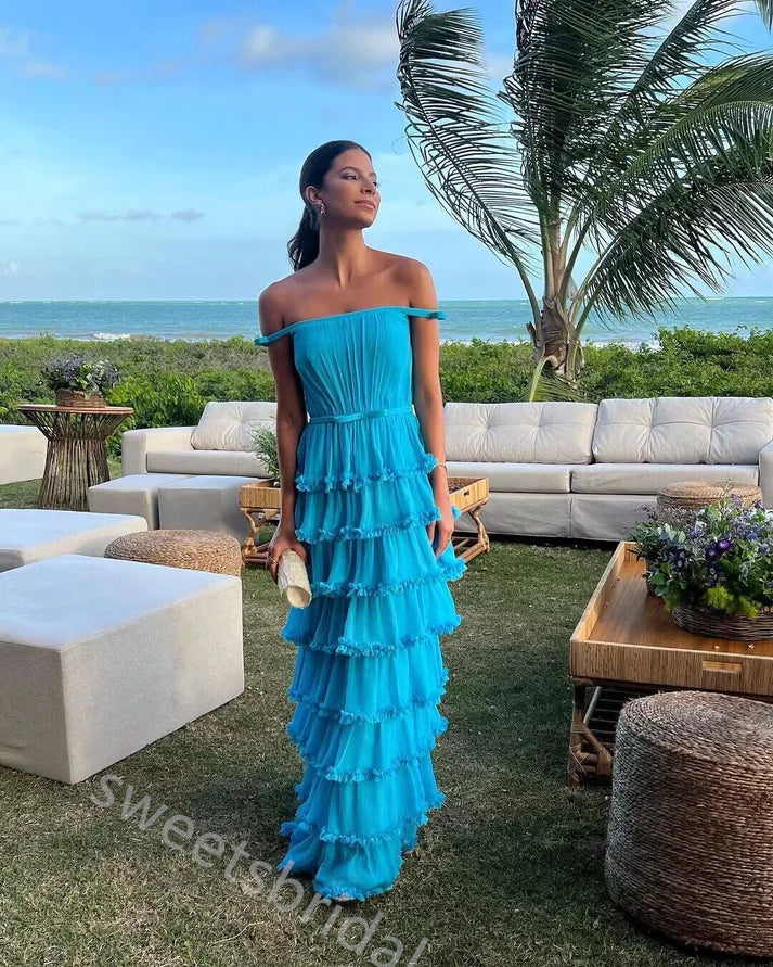Elegant Ruffle Off Shoulder A-line Floor Length Prom Dress,SWS2405
