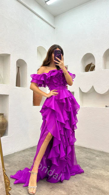 Sexy Off shoulder Sleeveless Ruffle A-line Floor length Prom Dress,SWS2156