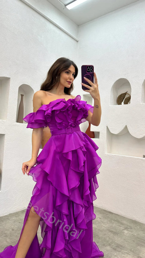 Sexy Off shoulder Sleeveless Ruffle A-line Floor length Prom Dress,SWS2156