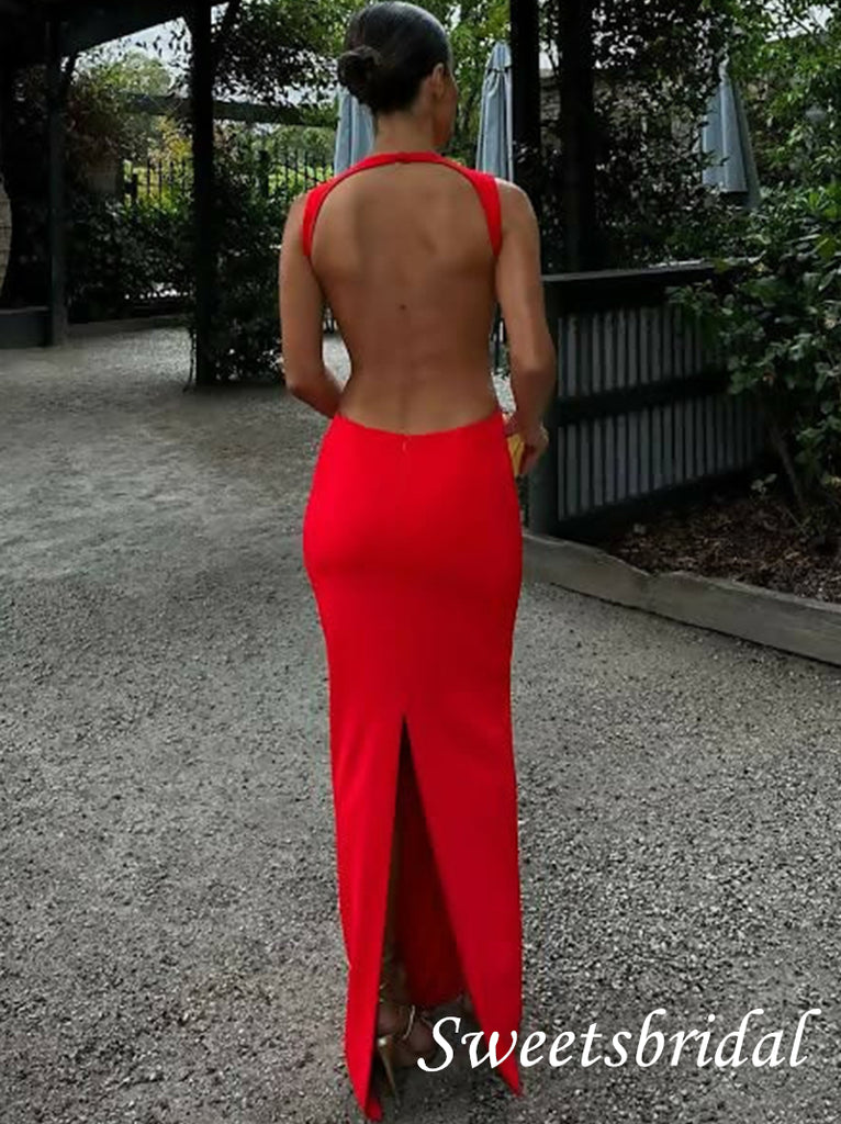 Sexy Red V-neck Open Back Floor Length Prom Dress,SWS2568