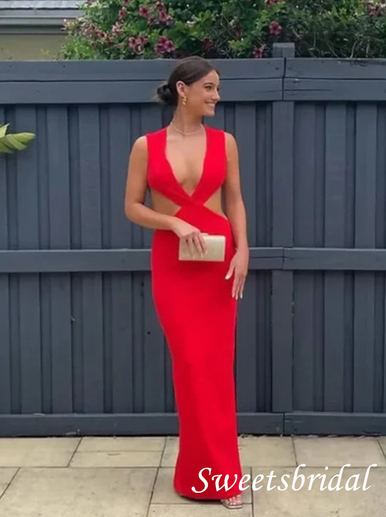 Sexy Red V-neck Open Back Floor Length Prom Dress,SWS2568