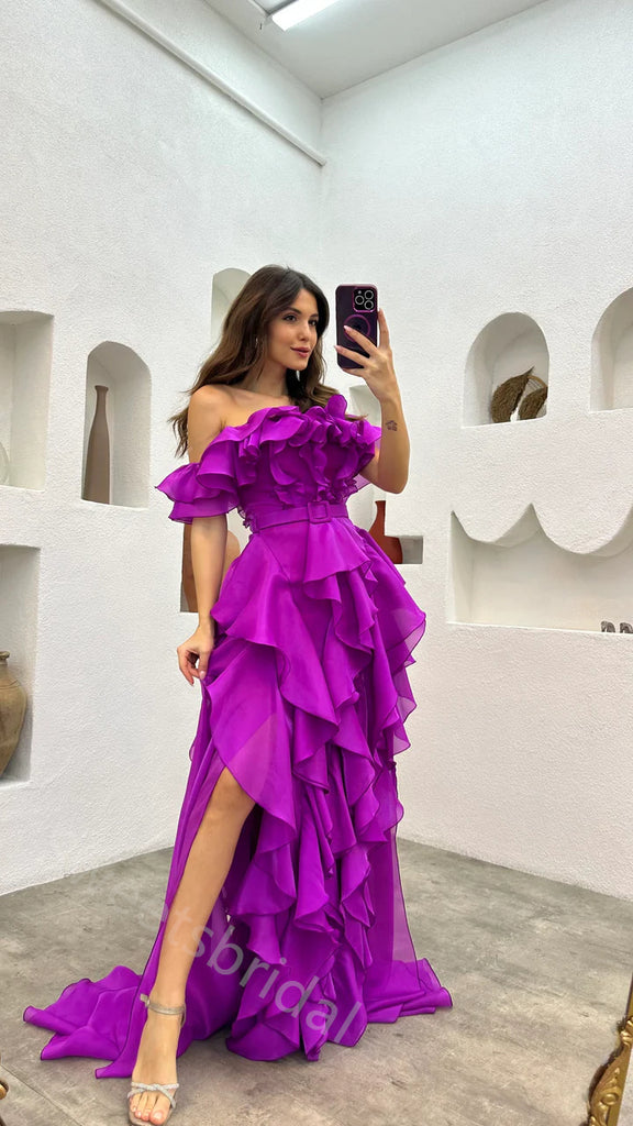 Sexy Off shoulder Sleeveless Ruffle A-line Floor length Prom Dress,SWS2156