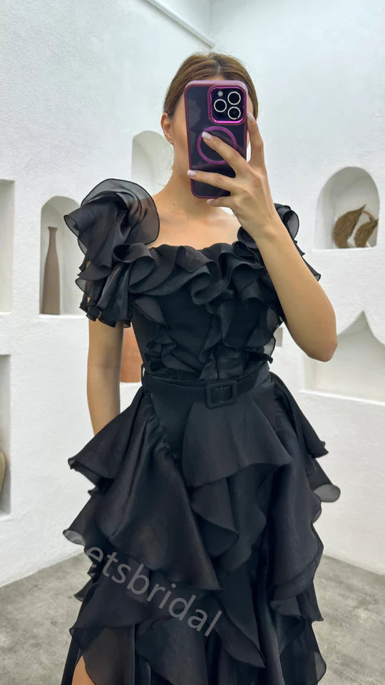 Sexy Off shoulder Sleeveless Ruffle A-line Floor length Prom Dress,SWS2155