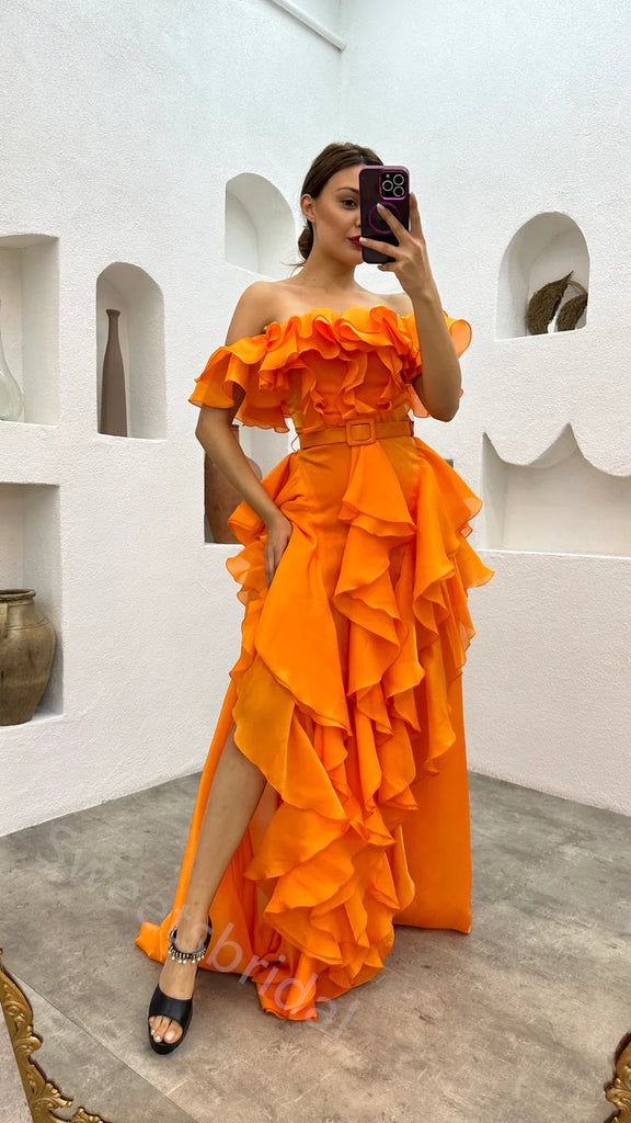 Sexy Off shoulder Sleeveless Ruffle A-line Floor length Prom Dress,SWS2154