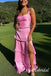 Pink Ruffles Square Side Slit Floor Length Prom Dress,SWS2569