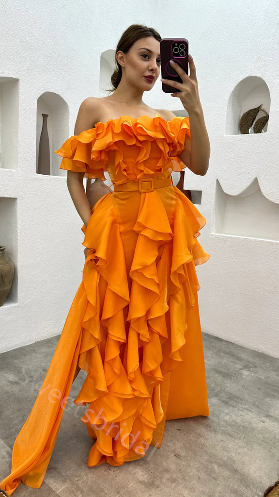 Sexy Off shoulder Sleeveless Ruffle A-line Floor length Prom Dress,SWS2154