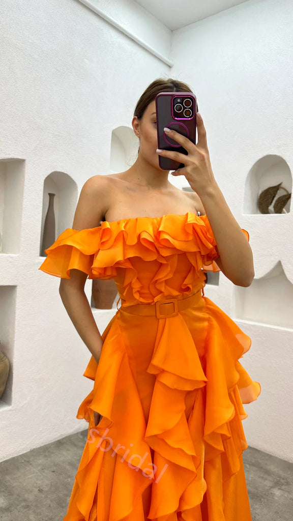 Sexy Off shoulder Sleeveless Ruffle A-line Floor length Prom Dress,SWS2154