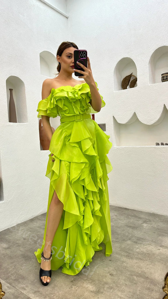 Sexy Off shoulder Sleeveless Ruffle A-line Floor length Prom Dress,SWS2153