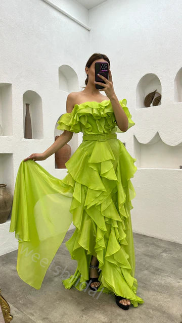 Sexy Off shoulder Sleeveless Ruffle A-line Floor length Prom Dress,SWS2153