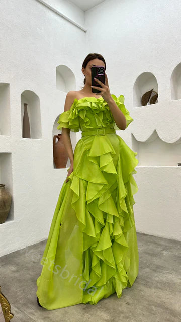 Sexy Off shoulder Sleeveless Ruffle A-line Floor length Prom Dress,SWS2153