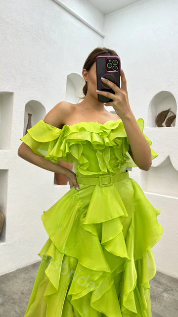 Sexy Off shoulder Sleeveless Ruffle A-line Floor length Prom Dress,SWS2153