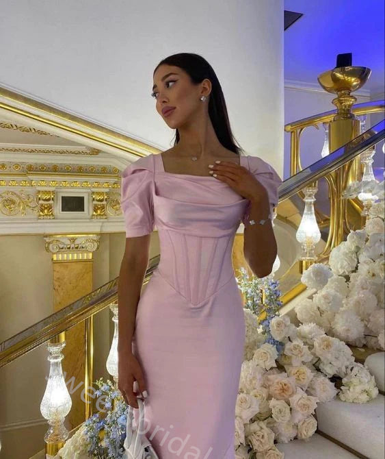 Gummy Pink Short Sleeves Mermaid Floor Length Prom Dress,SWS2377