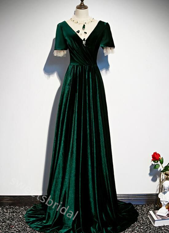 Velvet V-neck Short Sleeves A-line Floor Length  Prom Dress,SWS2292