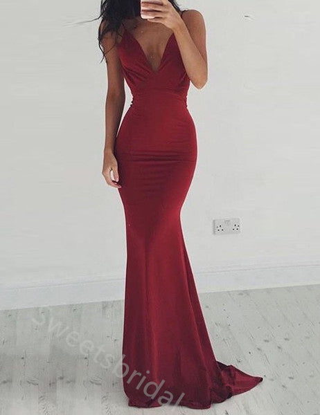 Sexy Spaghetti Straps V-neck Mermaid Long Prom Dress,SWS2135
