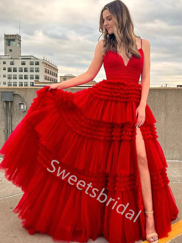 Red Charming V-neck Sleeveless Side slit A-line Long Prom Dress,SW2028