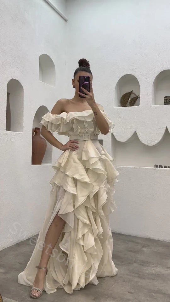 Sexy Off shoulder Sleeveless Ruffle A-line Floor length Prom Dress,SWS2152