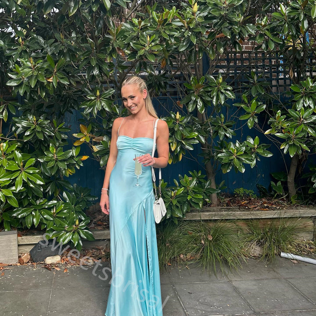 Sky Blue Simple Sleeveless Side Slit  Mermaid Floor Length Prom Dress,SWS2193