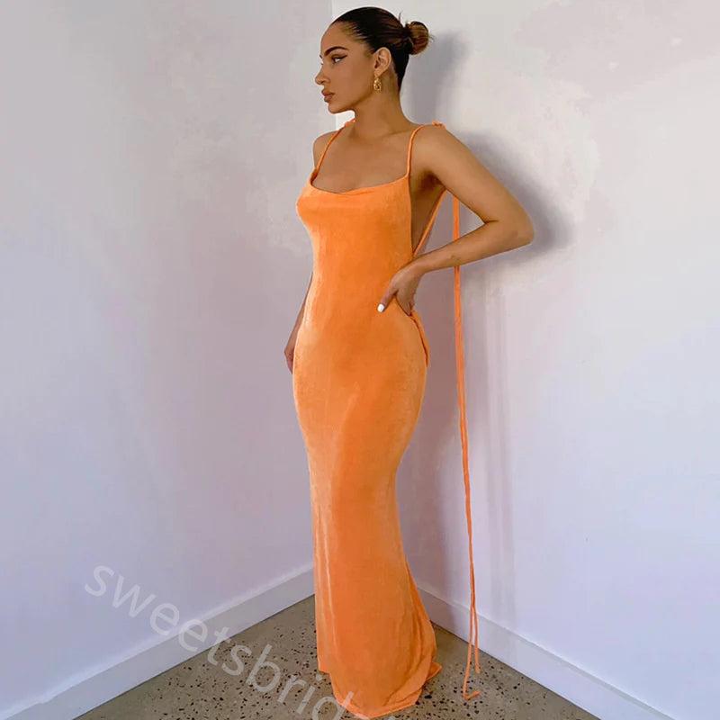 Orange Jewel Sleeveless Open Back Mermaid Floor Length Prom Dress,SWS2388