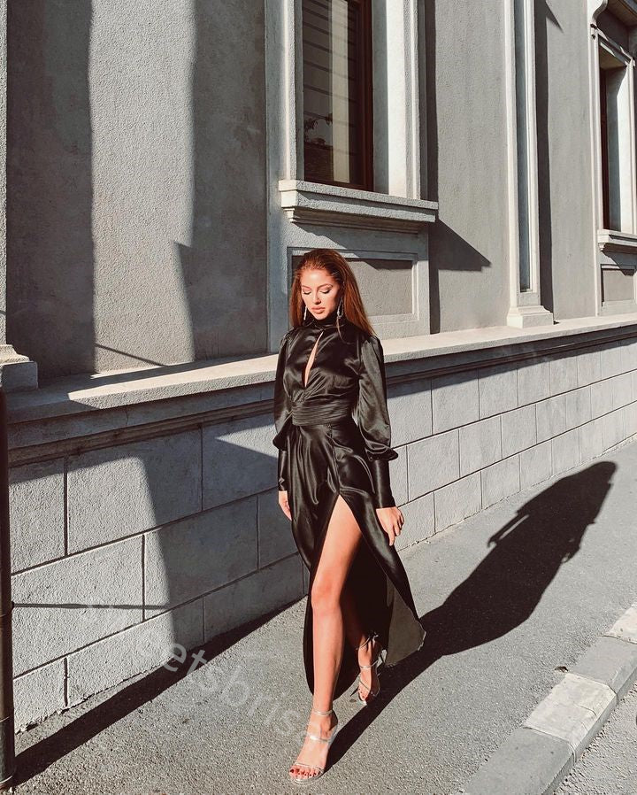 Black Long Sleeves Side Slit  A-line Floor Length Prom Dress,SWS2192
