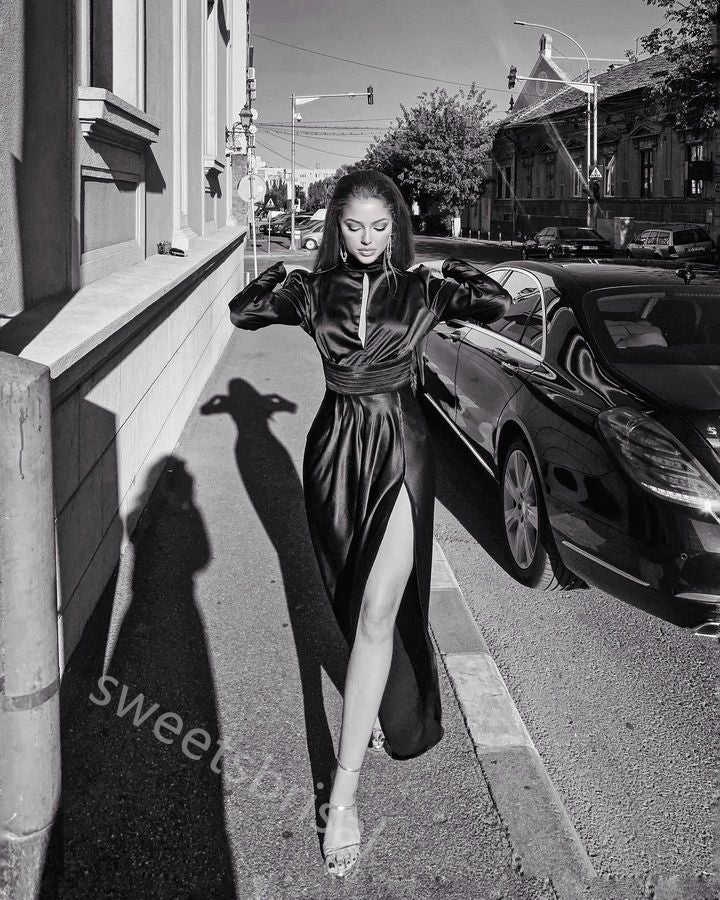 Black Long Sleeves Side Slit  A-line Floor Length Prom Dress,SWS2192