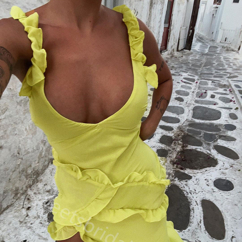 Sexy V-neck Sleeveless Ruffle Mermaid Floor Length Prom Dress,SWS2398
