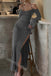 Dark Grey Halter Off Shoulder Side Slit Ruffle Mermaid Floor Length Prom Dress,SWS2191