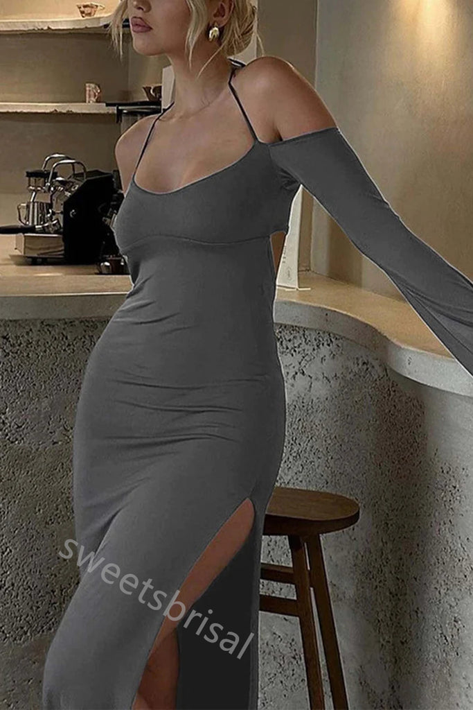Dark Grey Halter Off Shoulder Side Slit Ruffle Mermaid Floor Length Prom Dress,SWS2191