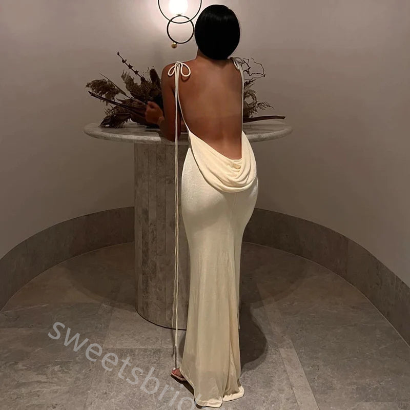 Ivory Jewel Sleeveless Open Back Mermaid Floor Length Prom Dress,SWS2389