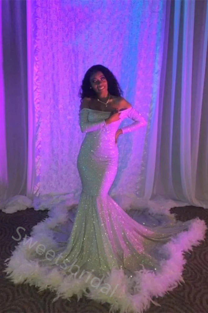 Sexy Off Shoulder Long Sleeves Feathered Mermaid  Long Prom Dress,SWS2147