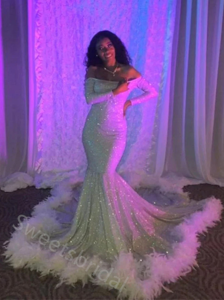 Sexy Off Shoulder Long Sleeves Feathered Mermaid  Long Prom Dress,SWS2147