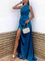 Sexy One Shoulder Pleats Side Slit Mermaid  Long Prom Dress,SWS2146